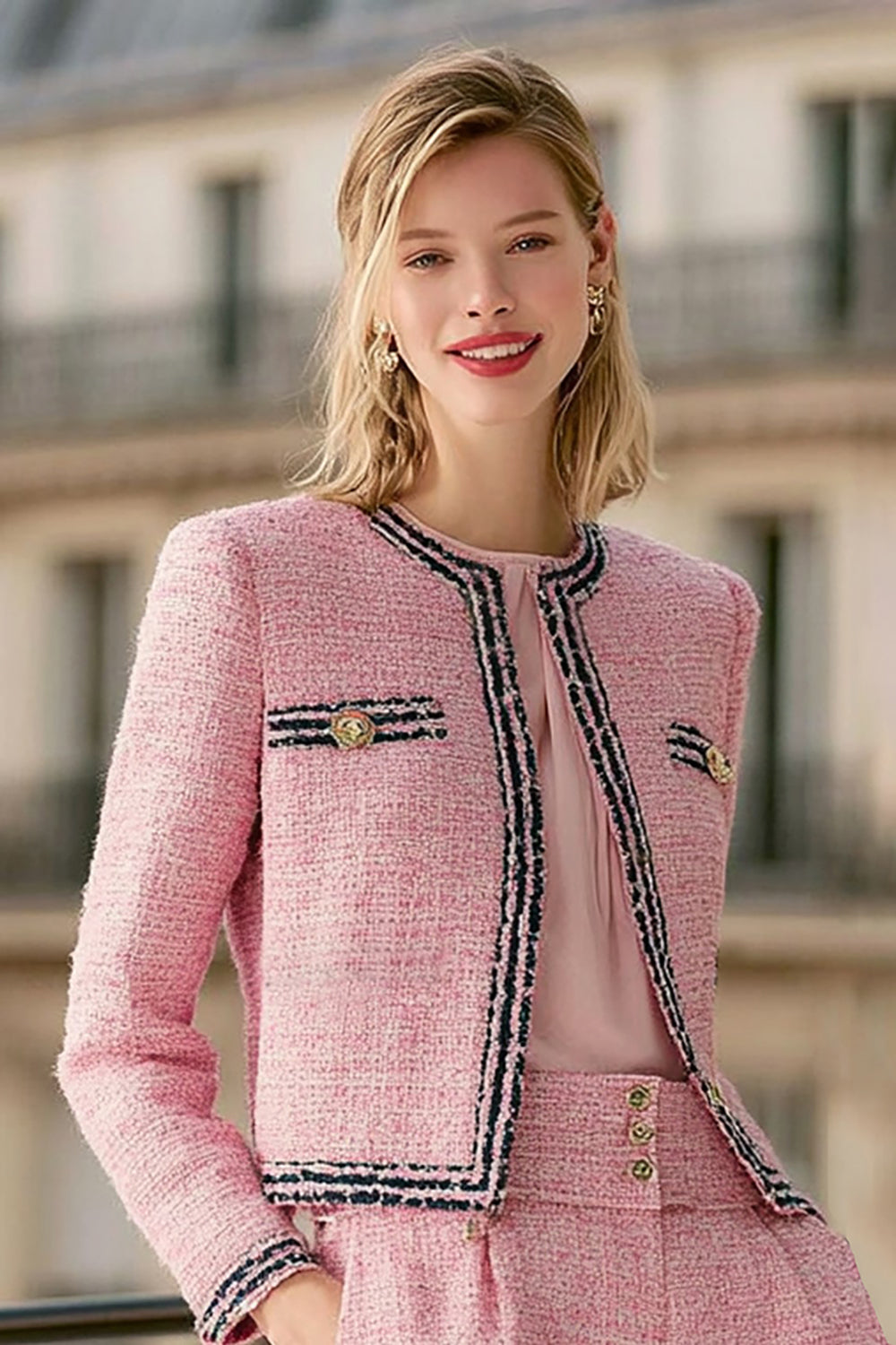 Pink Black Wide Leg 2 Piece Tweed Outfits with Pockets