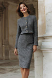 Grey Pencil 2 Piece Midi Tweed Outfits with Slit