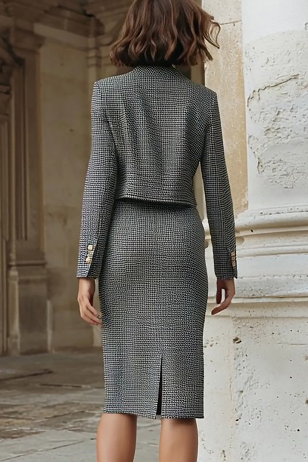 Grey Pencil 2 Piece Midi Tweed Outfits with Slit