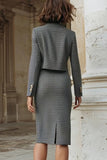Grey Pencil 2 Piece Midi Tweed Outfits with Slit