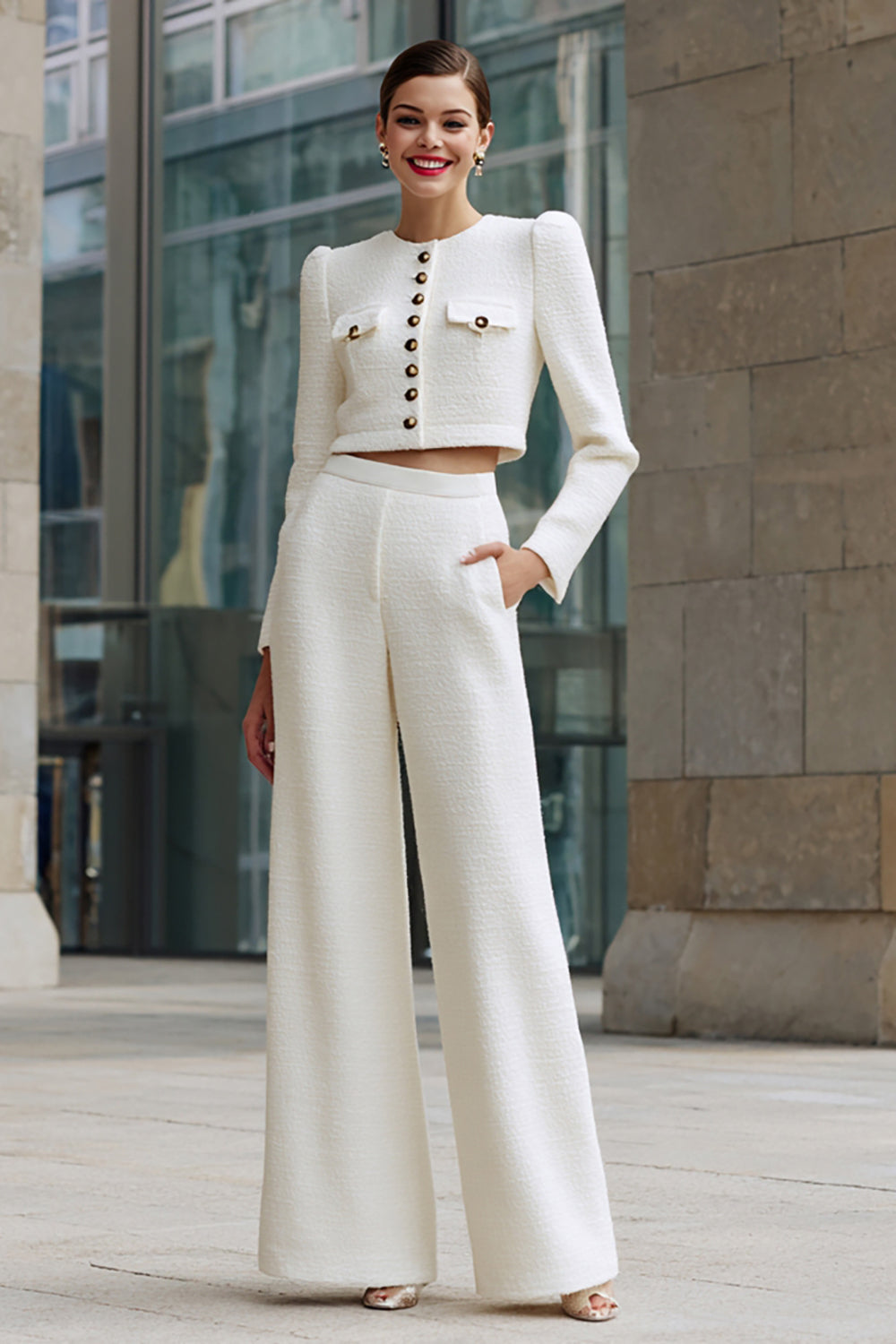 Ivory 2 Piece Single Breasted Tweed Outfits with Pockets