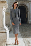 Grey Single Breasted 2 Piece Pencil Midi Tweed Outfits