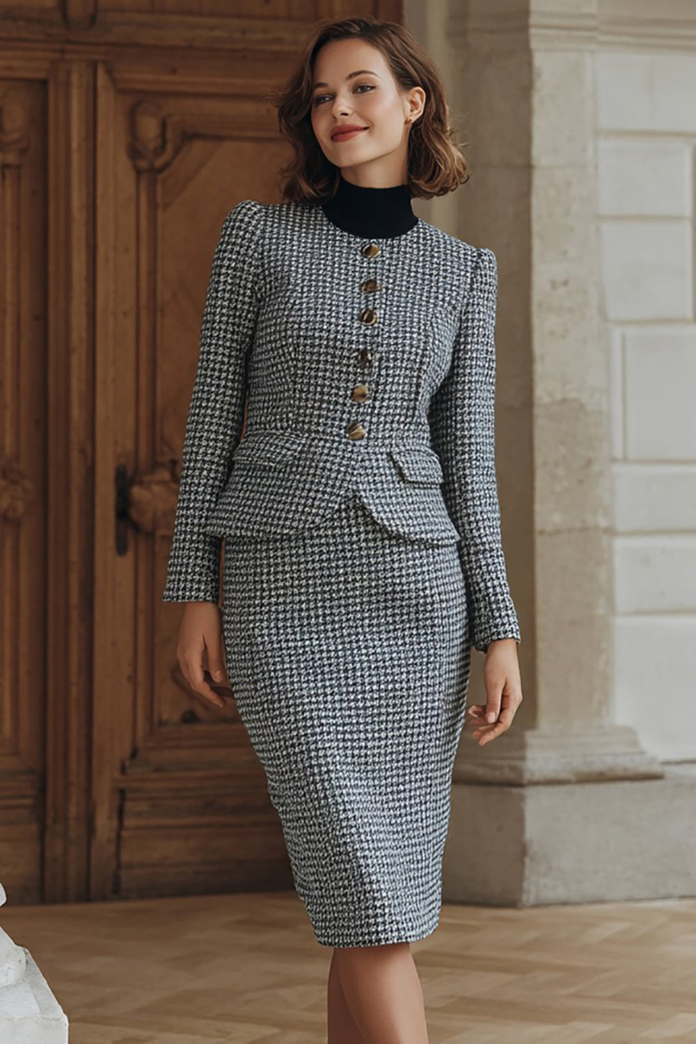Grey 2 Piece Pencil Single Breasted Midi Tweed Outfits