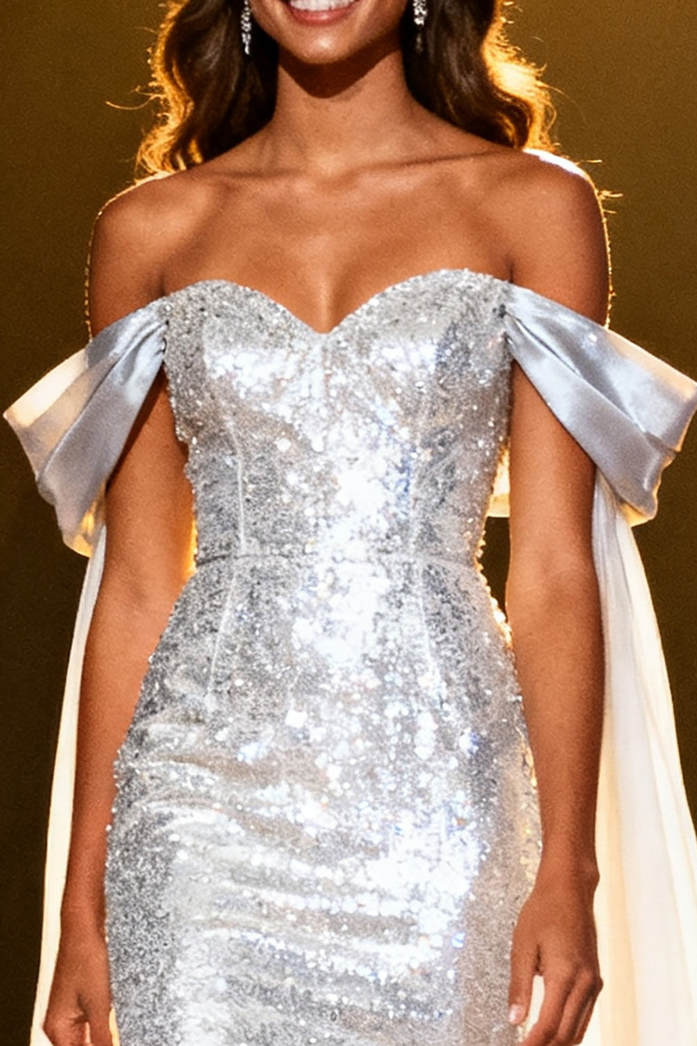 Sparkly Silver Sequin Off the Shoulder Maxi Pageant Dress with Cape