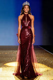 Sparkly Burgundy Sequin Mermaid Halter Long Pageant Dress with Bow