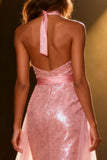 Sparkly Light Pink Halter Sequin Mermaid Long Pageant Dress with Sash