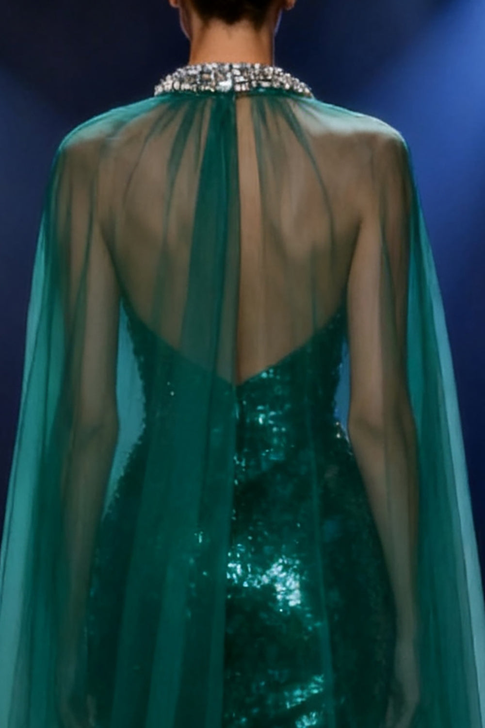 Sparkly Dark Green Mermaid Sequin Halter Long Pageant Dress with Cape