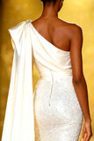 Sparkly Sequins White Mermaid One Shoulder Long Pageant Dress with Side Cape