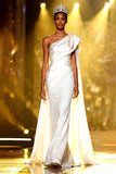 Sparkly Sequins White Mermaid One Shoulder Long Pageant Dress with Side Cape