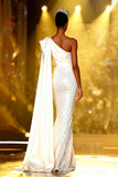 Sparkly Sequins White Mermaid One Shoulder Long Pageant Dress with Side Cape