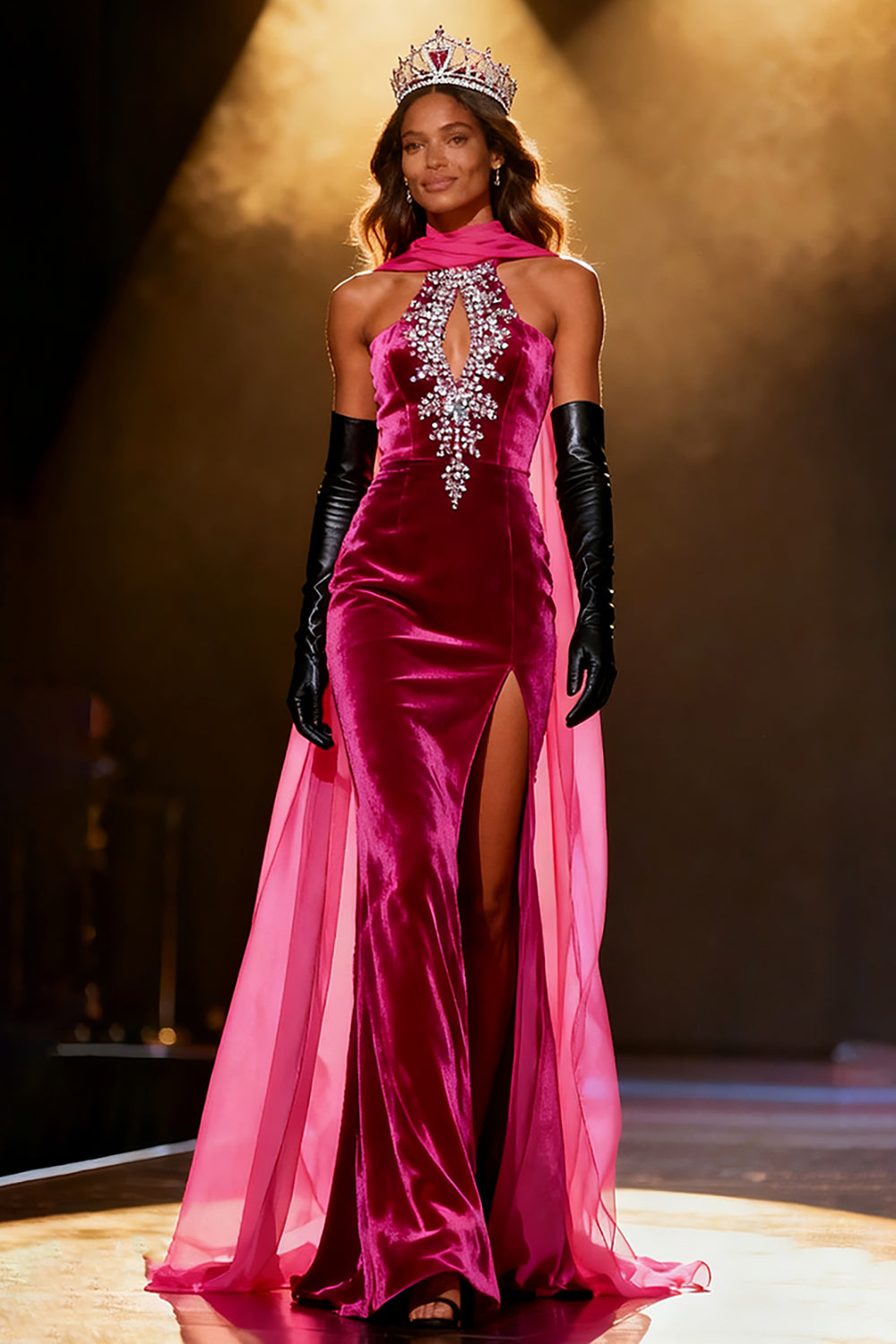 Sparkly Fuchsia Velvet Mermaid Neck Scarf Maxi Pageant Dress with Slit