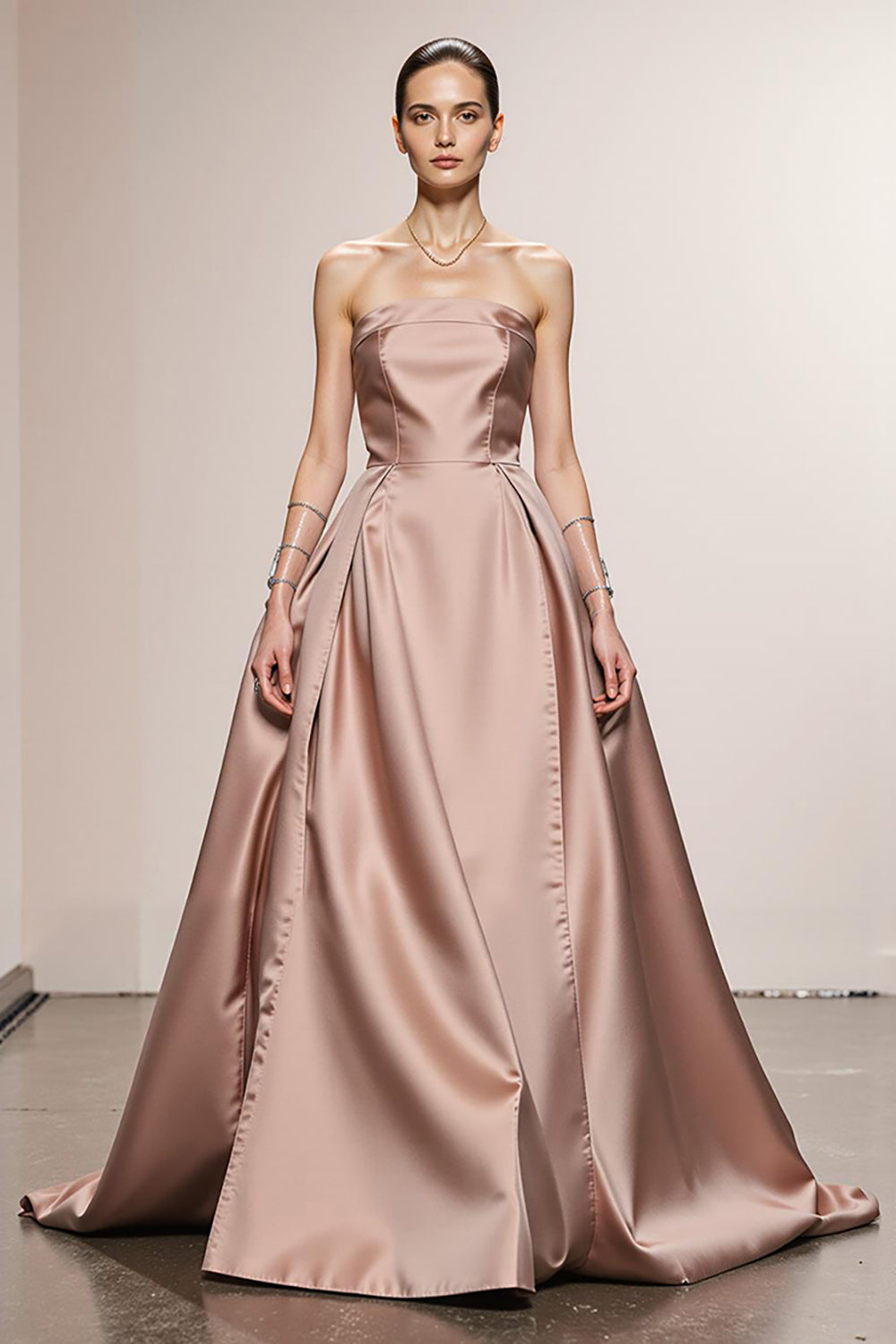 Simple Light Pink A Line Satin Strapless Maxi Formal Dress