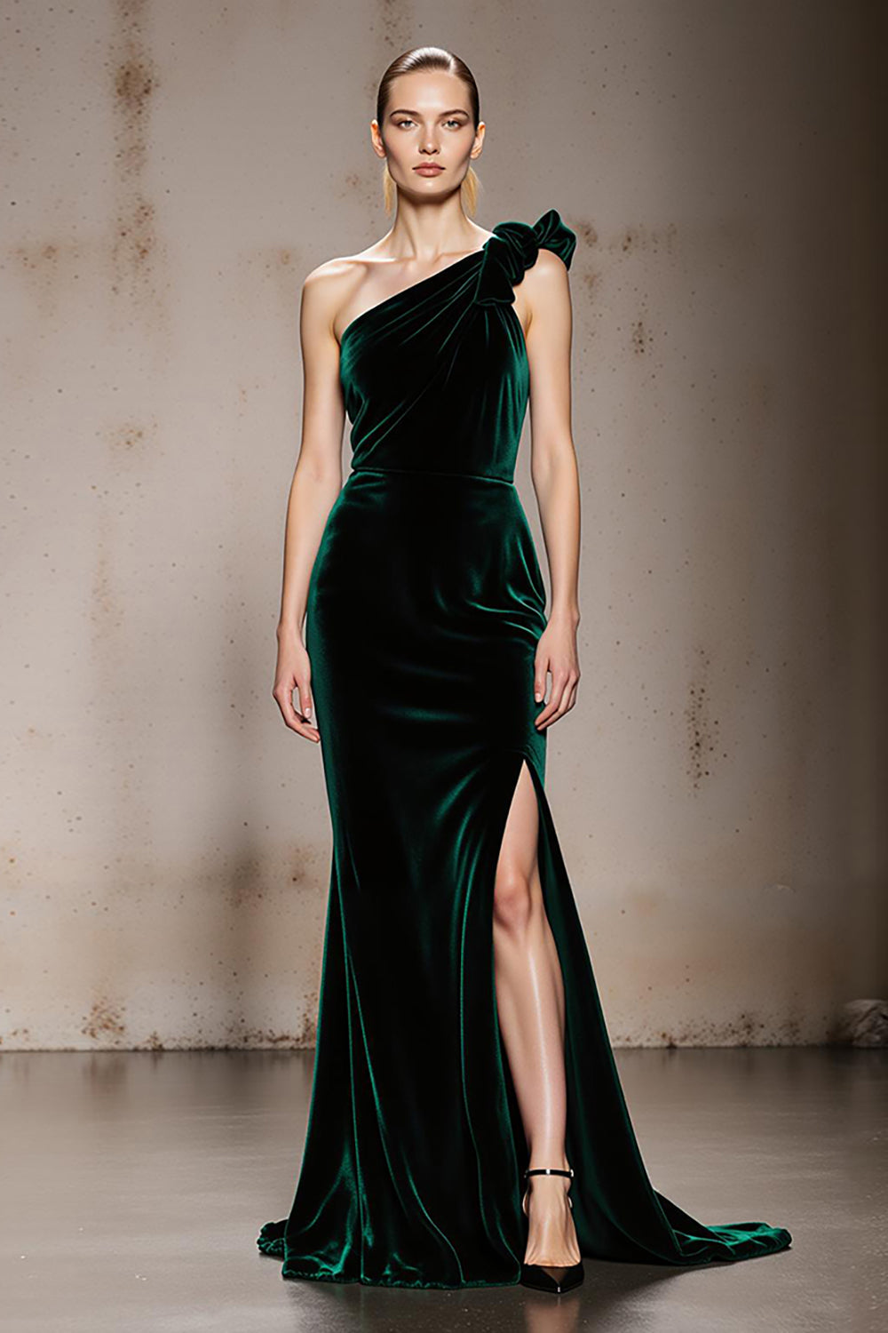 Dark Green One Shoulder Mermaid Long Velvet Formal Dress with Slit