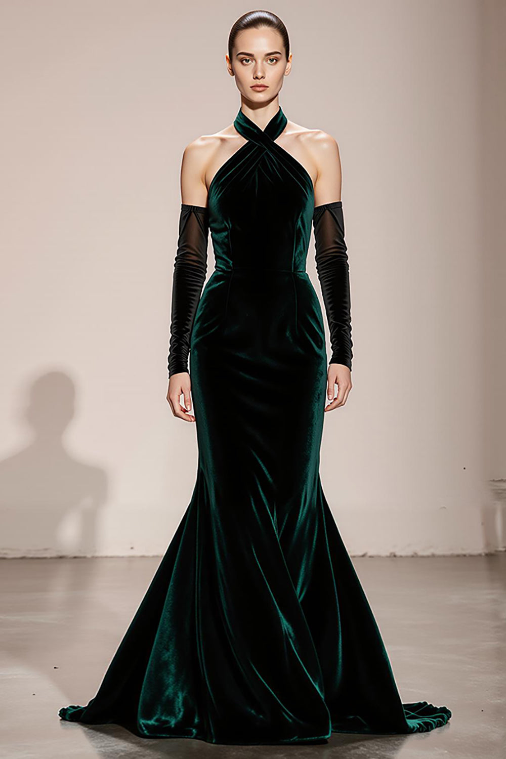 Dark Green Halter Mermaid Velvet Long Formal Dress