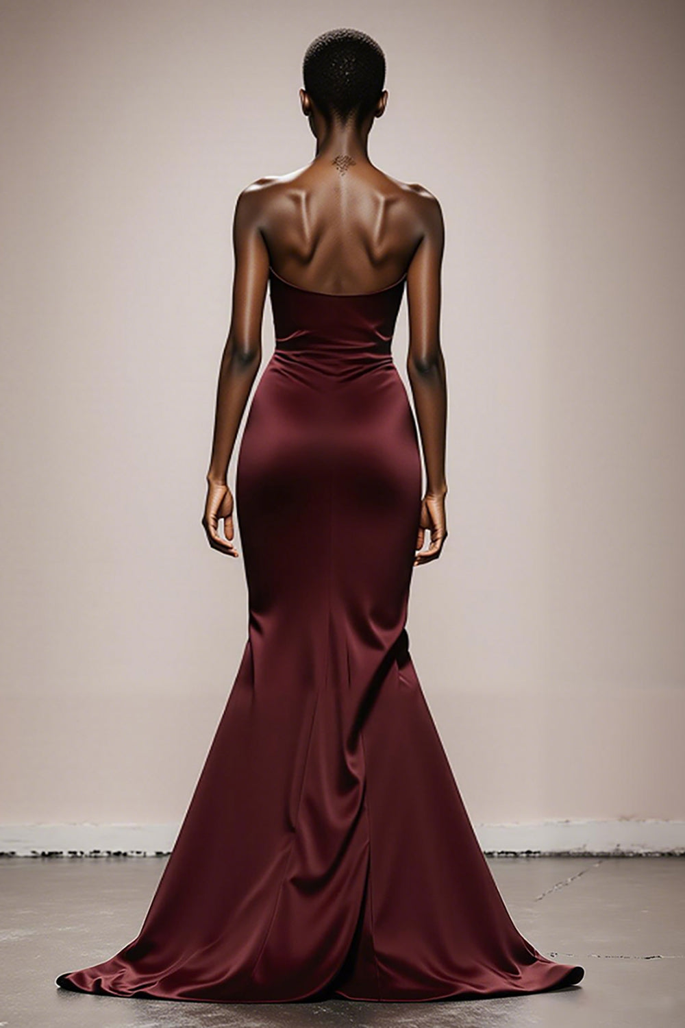 Simple Burgundy Satin Strapless Mermaid Long Formal Dress