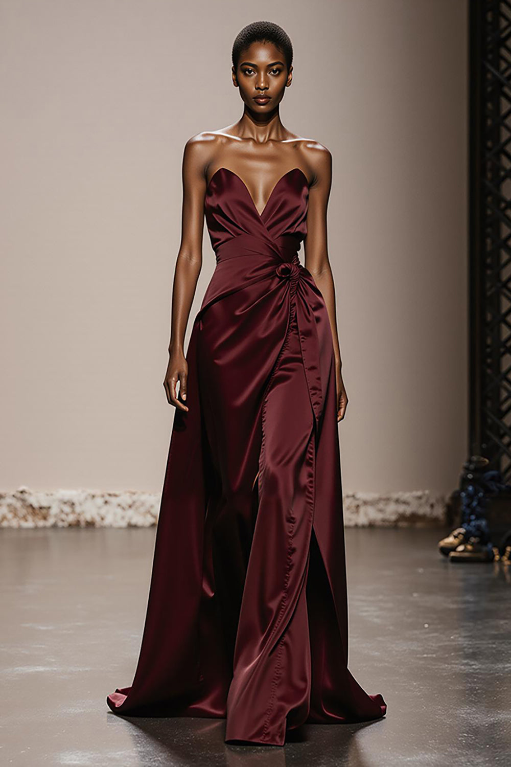 Simple Burgundy Satin Strapless Maxi Formal Dress
