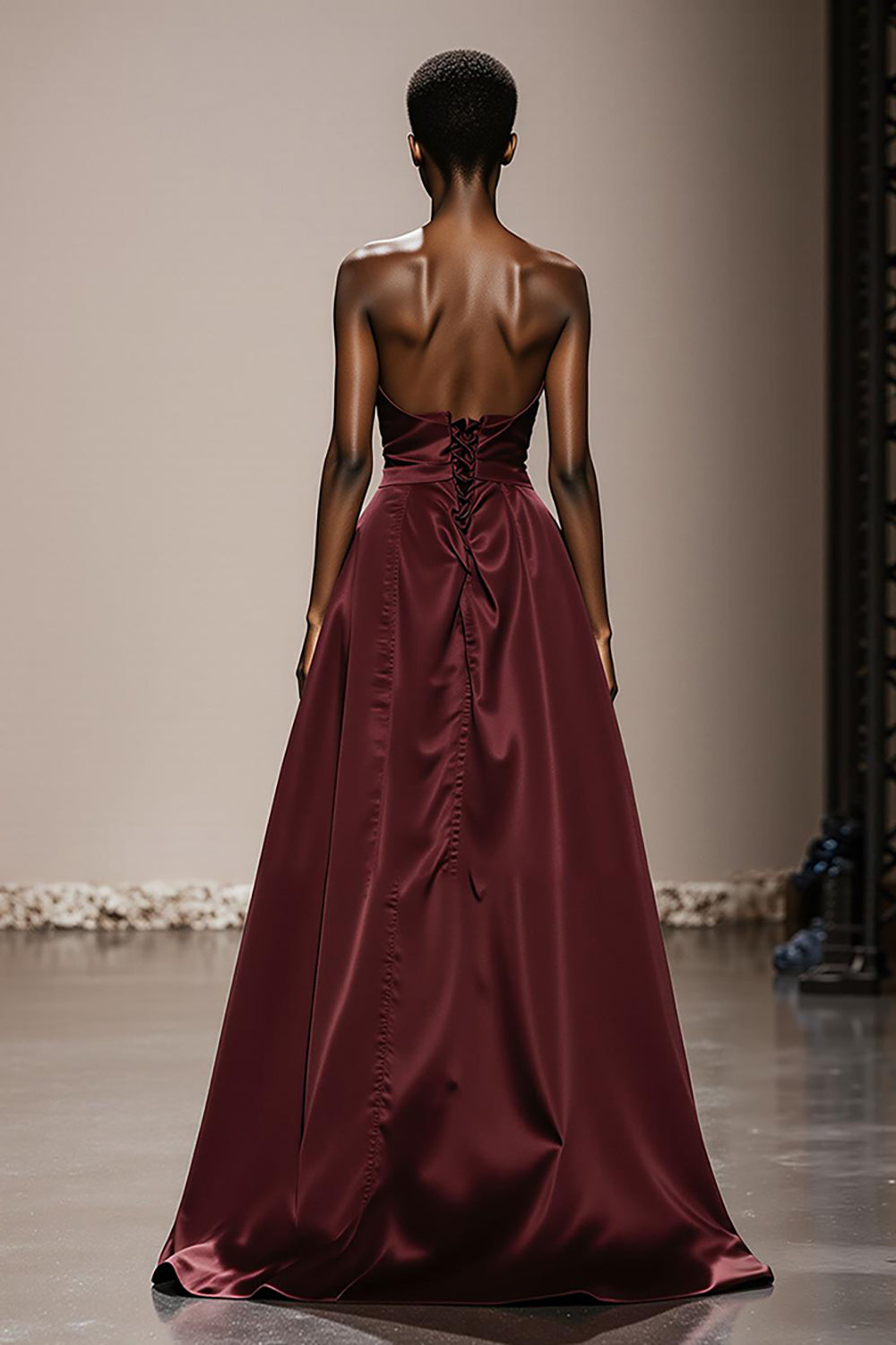 Simple Burgundy Satin Strapless Maxi Formal Dress