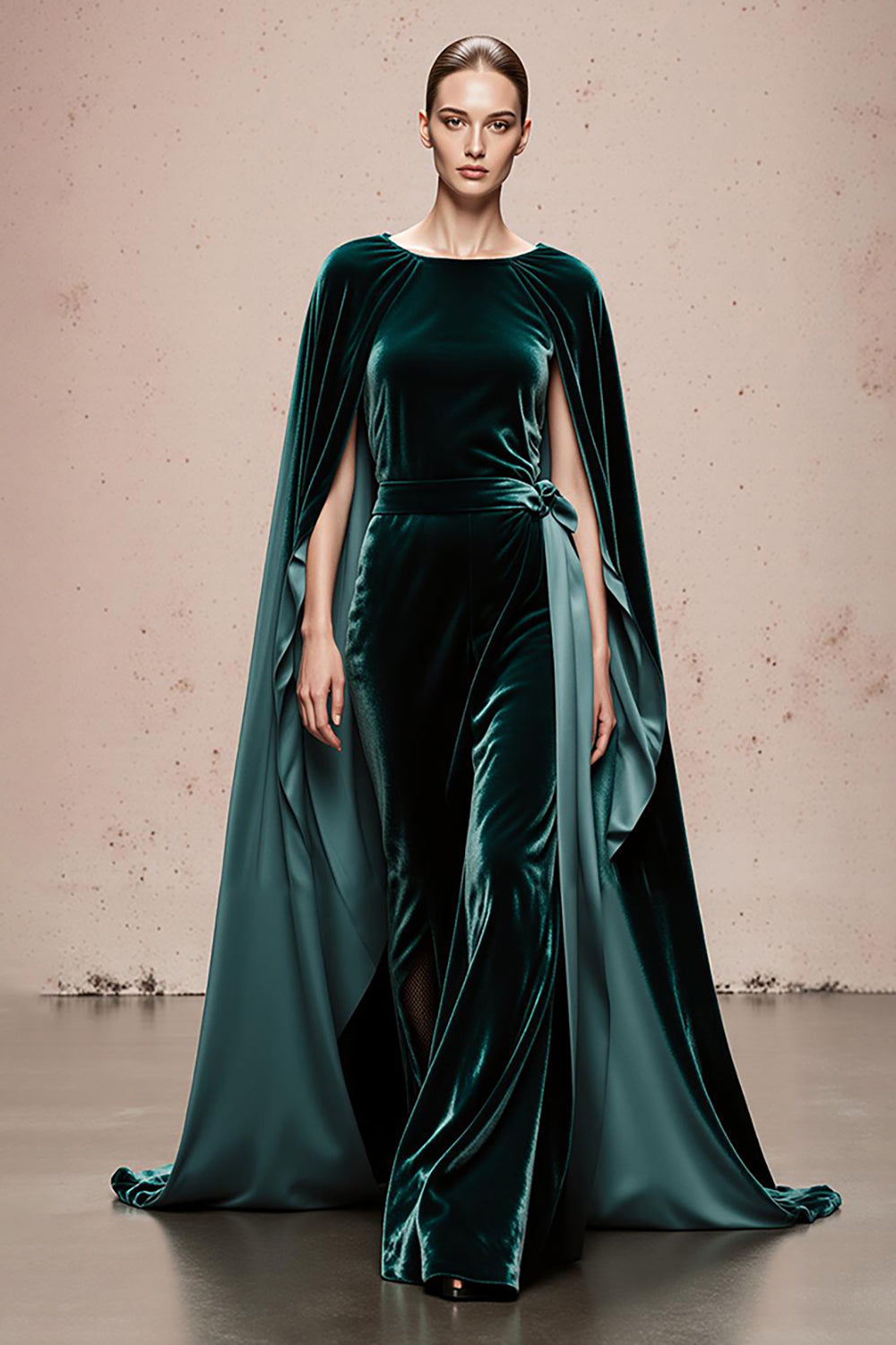 Dark Green Velvet Boat Neck Maxi Formal Dress with Cape