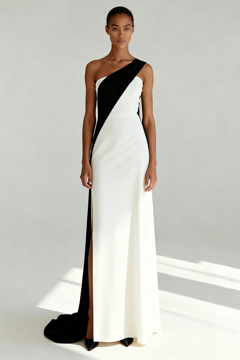 Black and White Sheath One Shoulder Maxi Formal Dress with Slit