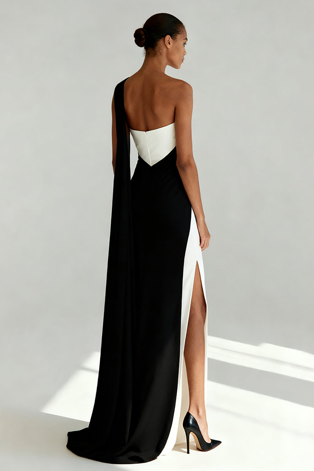 Black and White Sheath One Shoulder Maxi Formal Dress with Slit