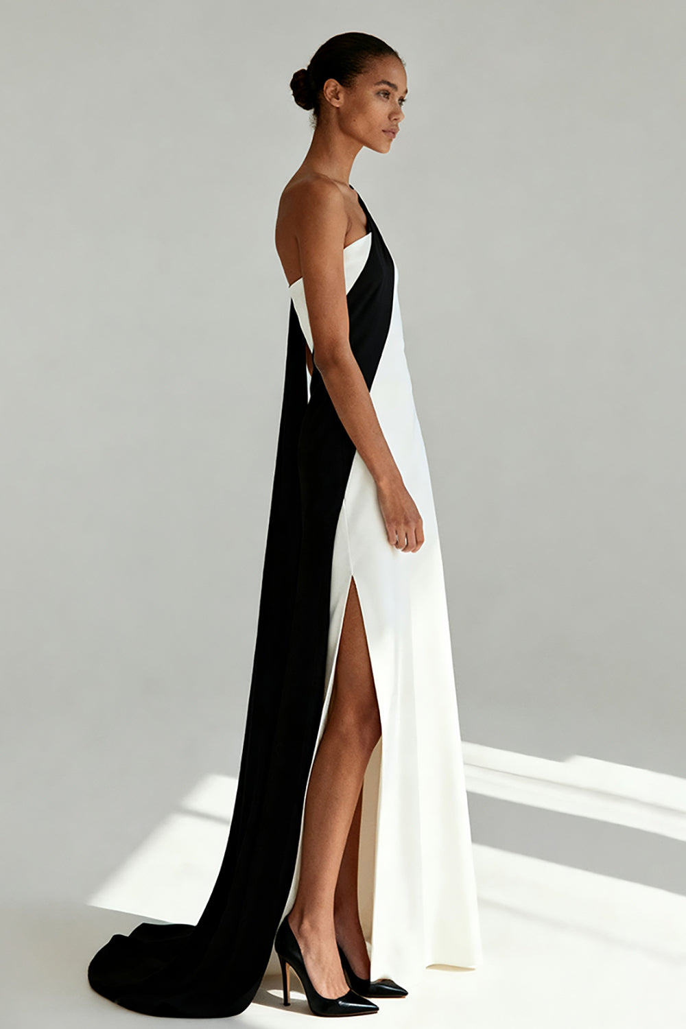 Black and White Sheath One Shoulder Maxi Formal Dress with Slit
