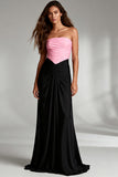 Black and Pink Strapless Ruched Satin Long Formal Dress