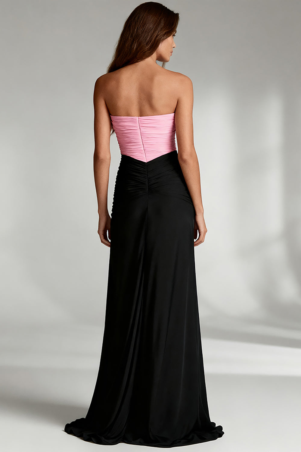 Black and Pink Strapless Ruched Satin Long Formal Dress