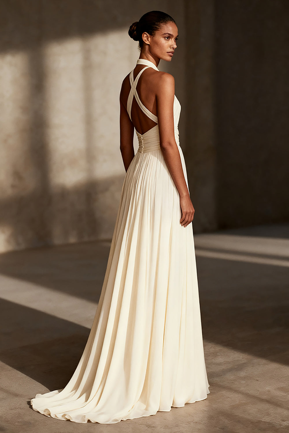 Ivory Sheath Chiffon Ruched Halter Long Formal Dress