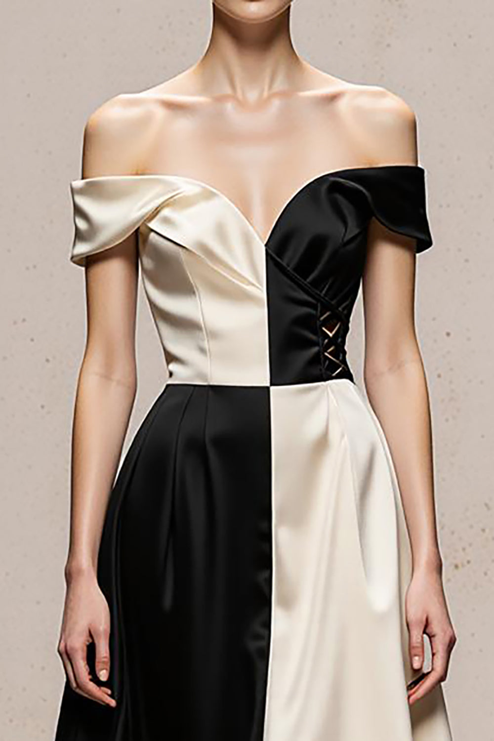Black and White Patchwork Satin A Line Long Formal Dress
