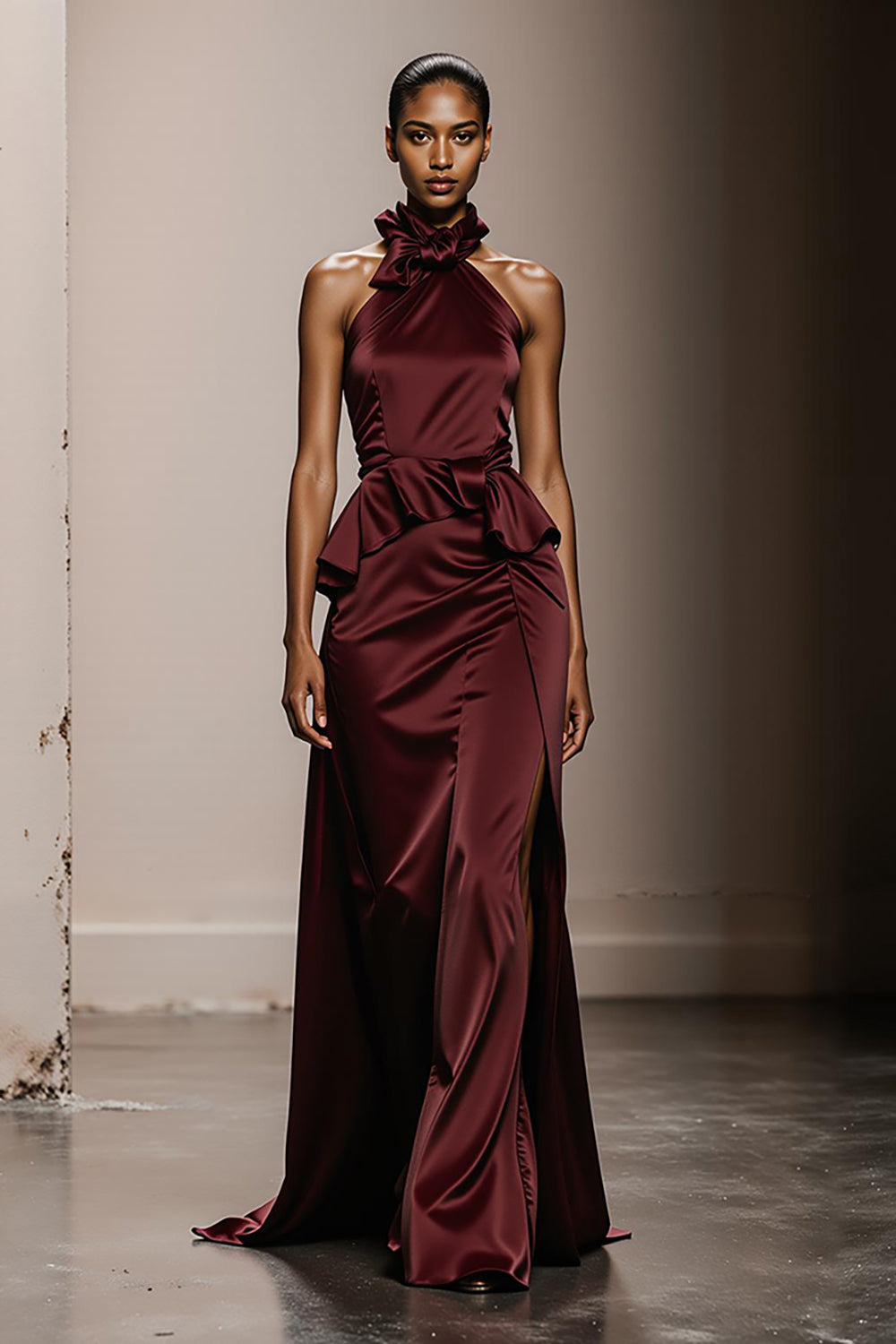 Simple Burgundy Satin Halter Neck Long Formal Dress