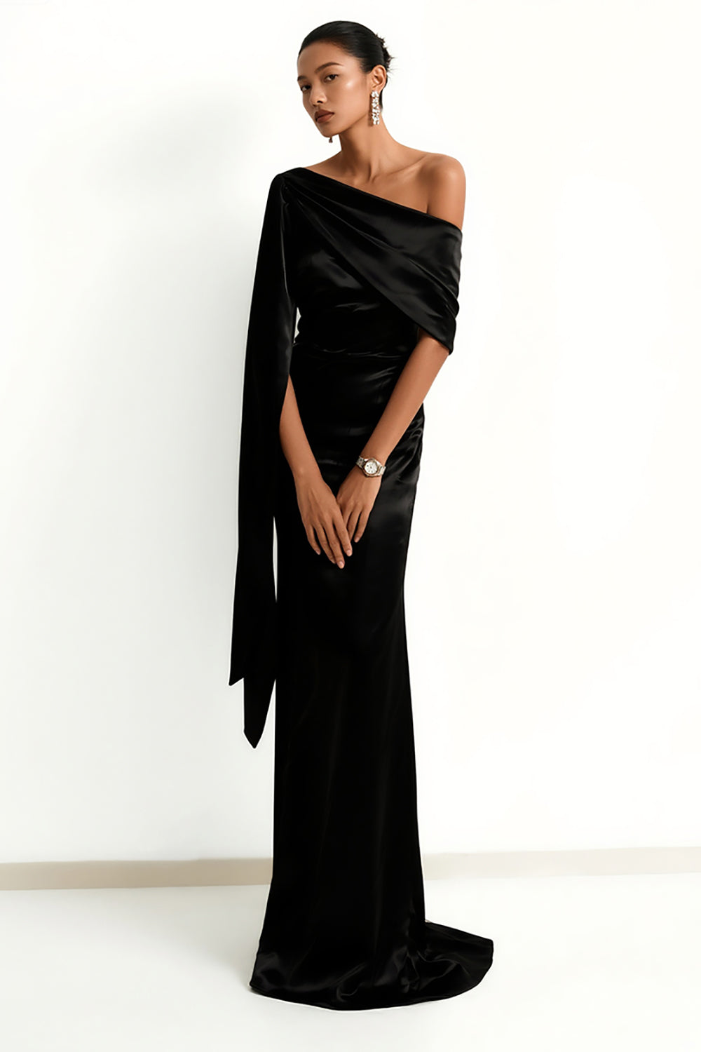 Black Mermaid Satin One Shoulder Maxi Formal Dress with Side Cape