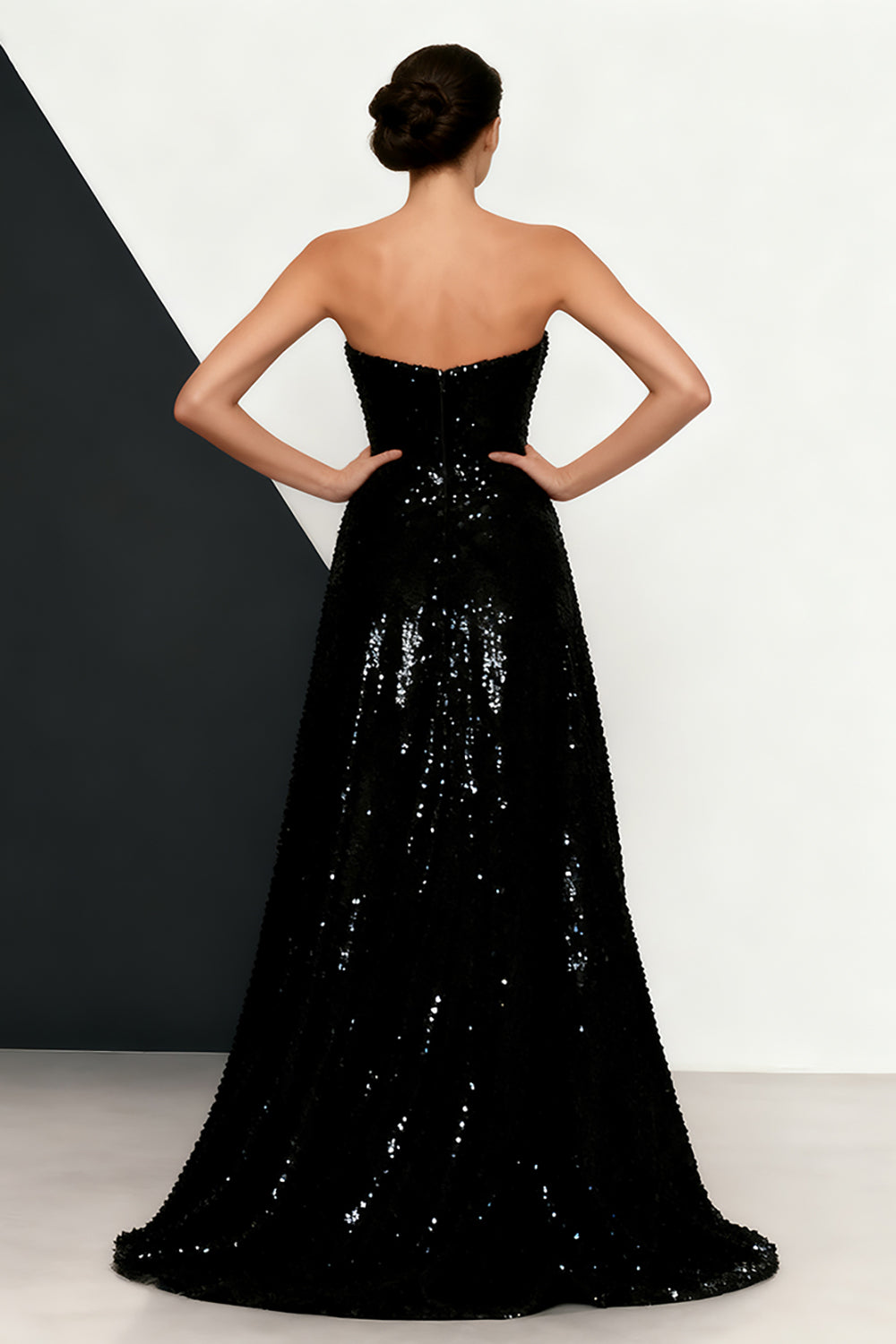 Sparkly Sequin Black and White Mermaid Strapless Long Formal Dress
