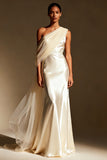White Satin Mermaid One Shoulder Long Formal Dress with Side Cape