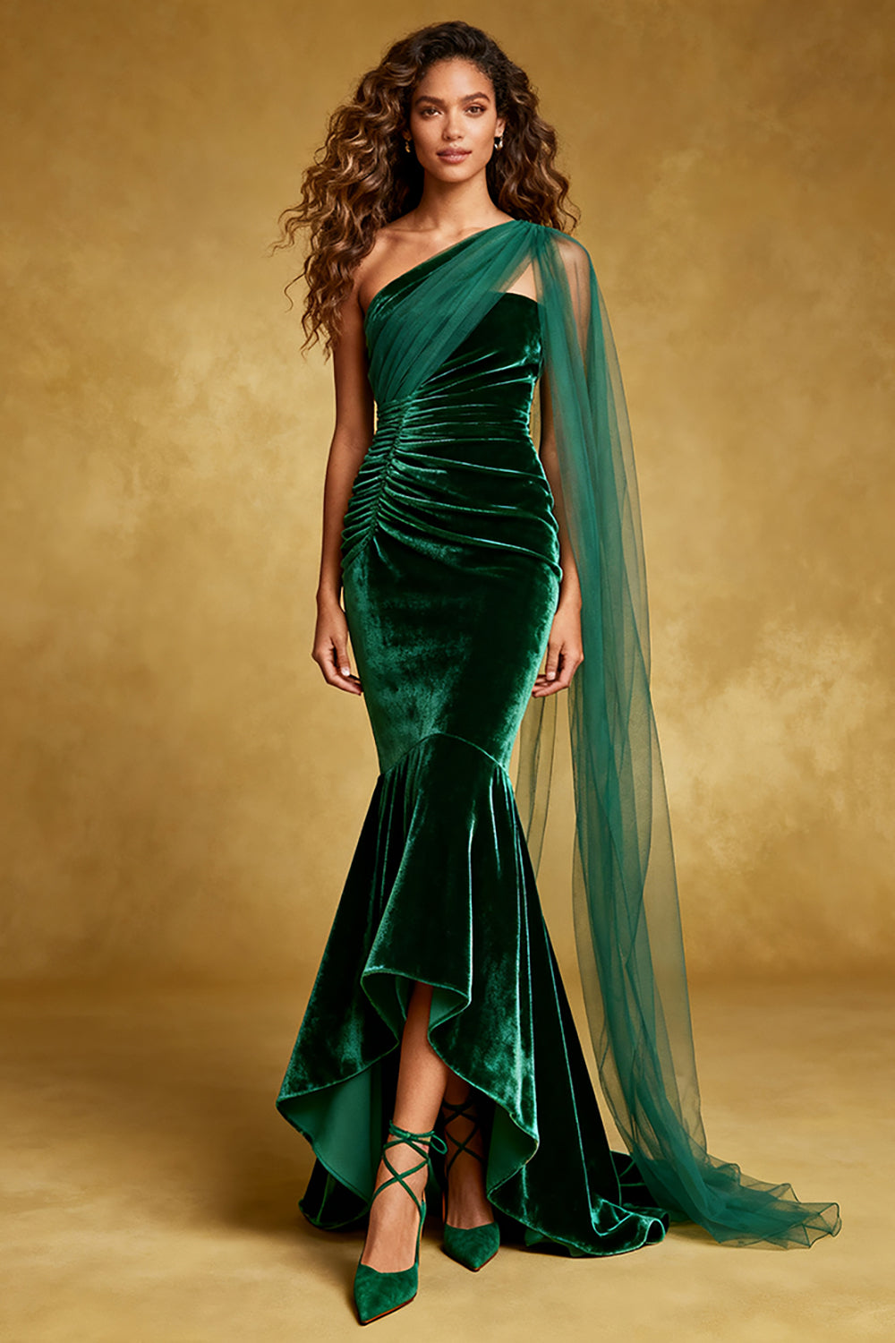 Dark Green Mermaid Velvet Ruffled Long Holiday Party Dress with Cape
