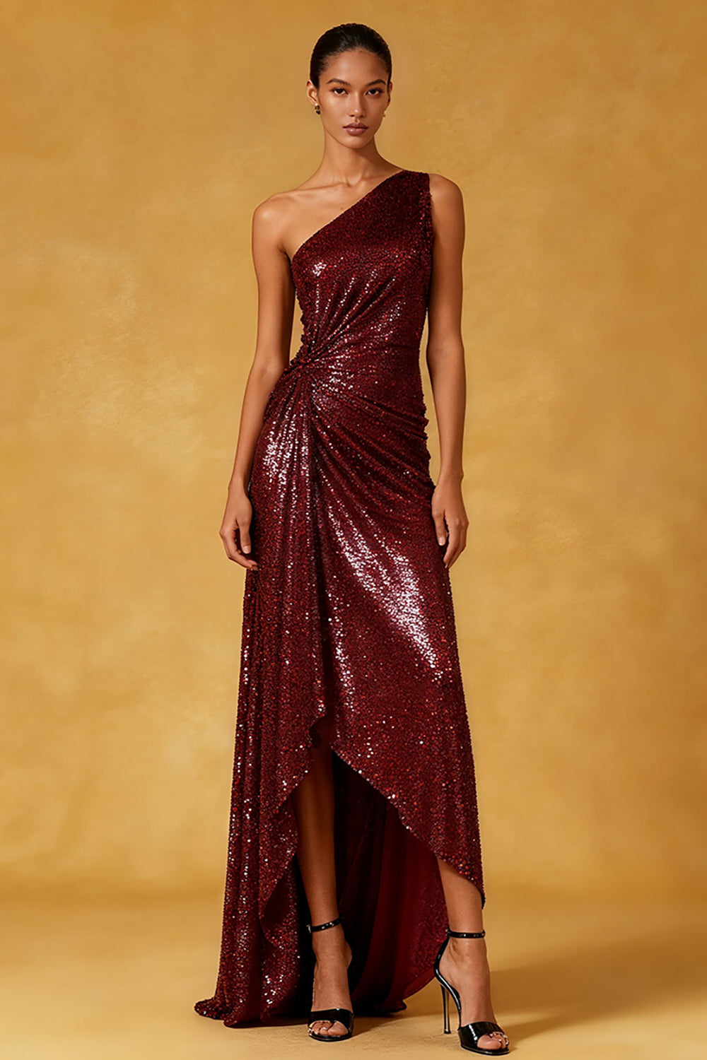 Sparkly Burgundy Ruched Sequin High-Low Formal Dress