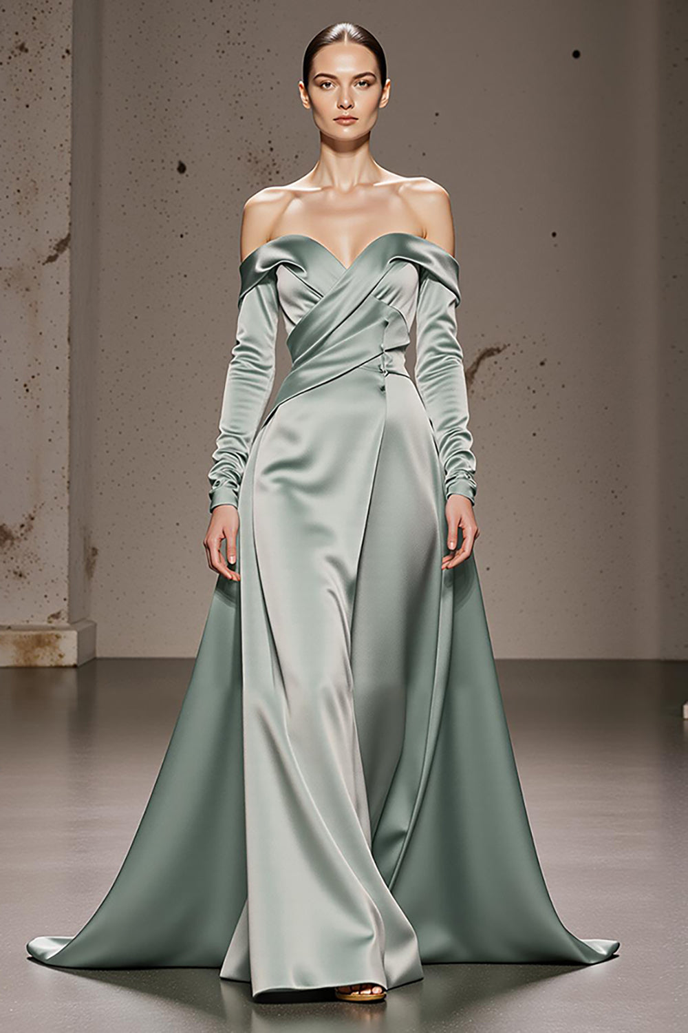 Mint Green Satin Off the Shoulder Maxi Formal Dress with Sleeves