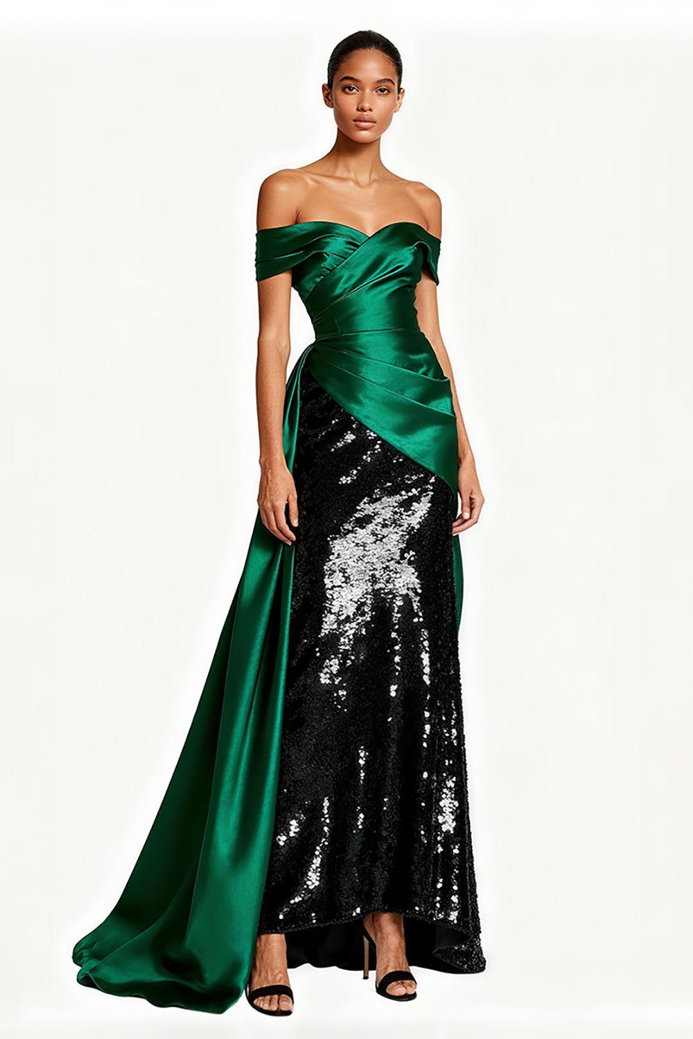 Sparkly Dark Green Off the Shoulder Maxi Formal Dress
