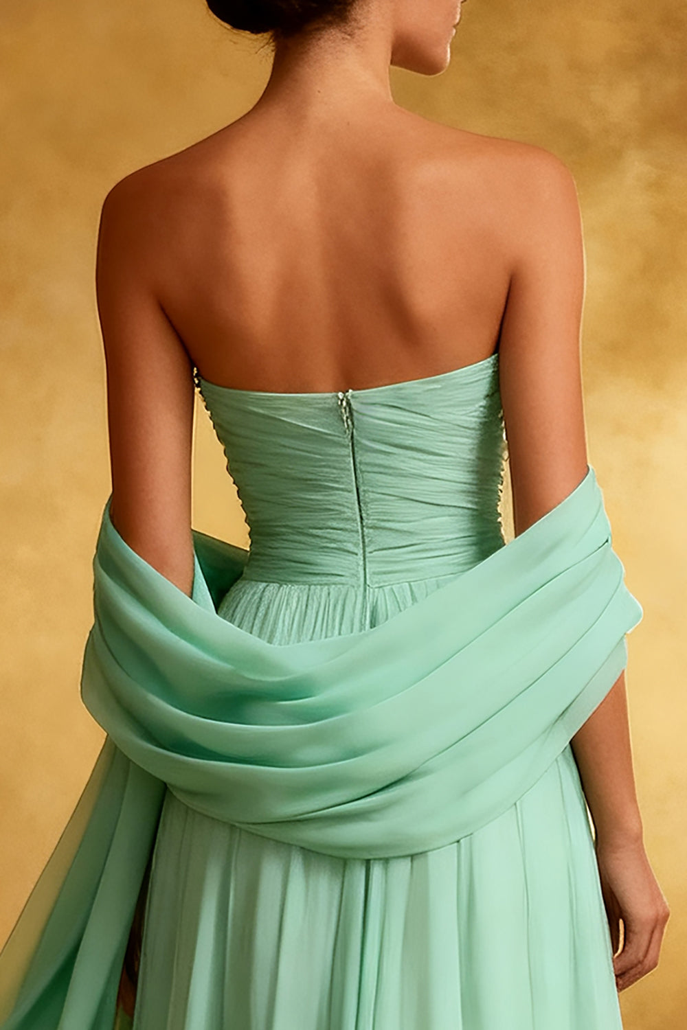 Sparkly Mint Green Chiffon Strapless Maxi Formal Dress with Shawl