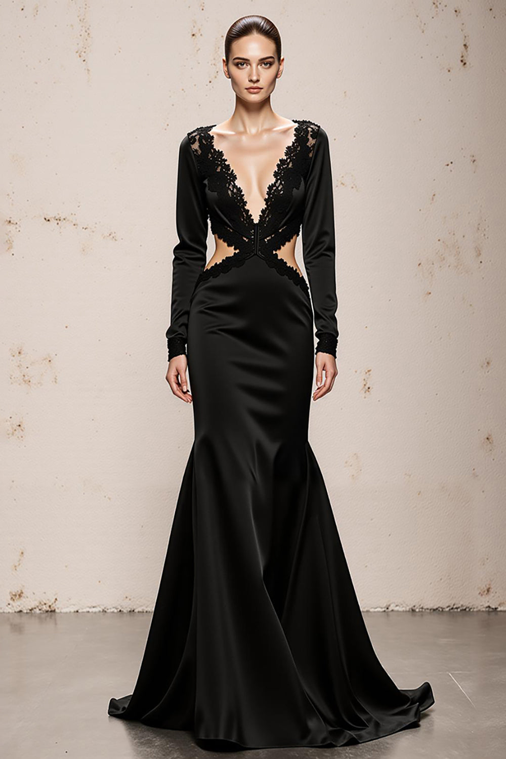 Black V-Neck Mermaid Long Formal Dress with Lace