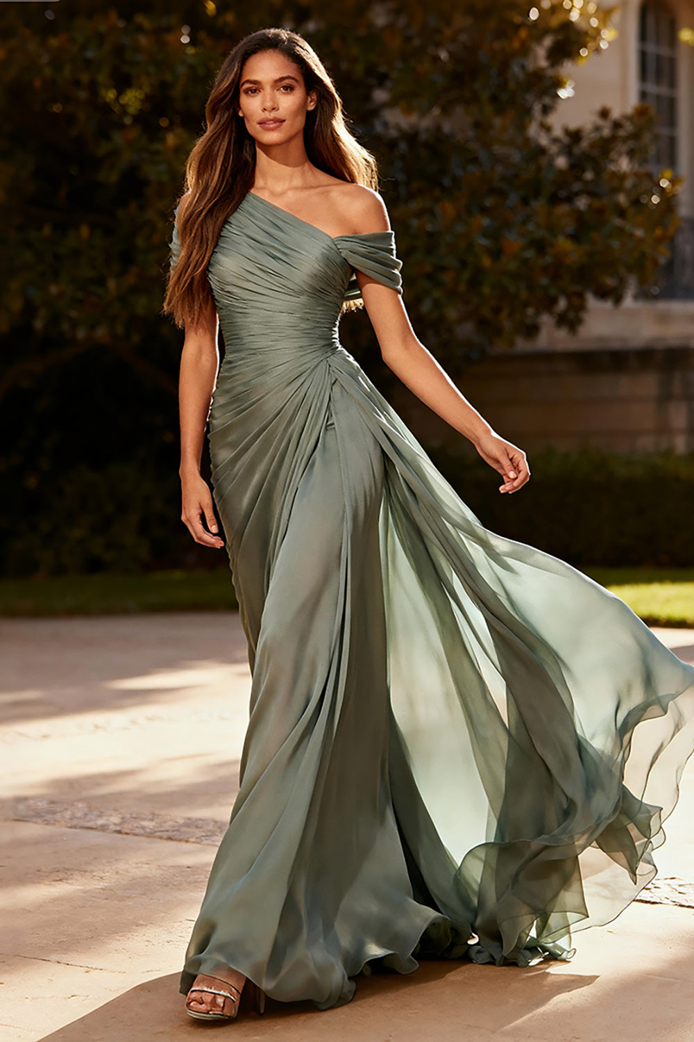 Leely Women Dusty Sage Chiffon Long Formal Dress with Side Cape Asymmetrical Neck Ruched Evening Dress
