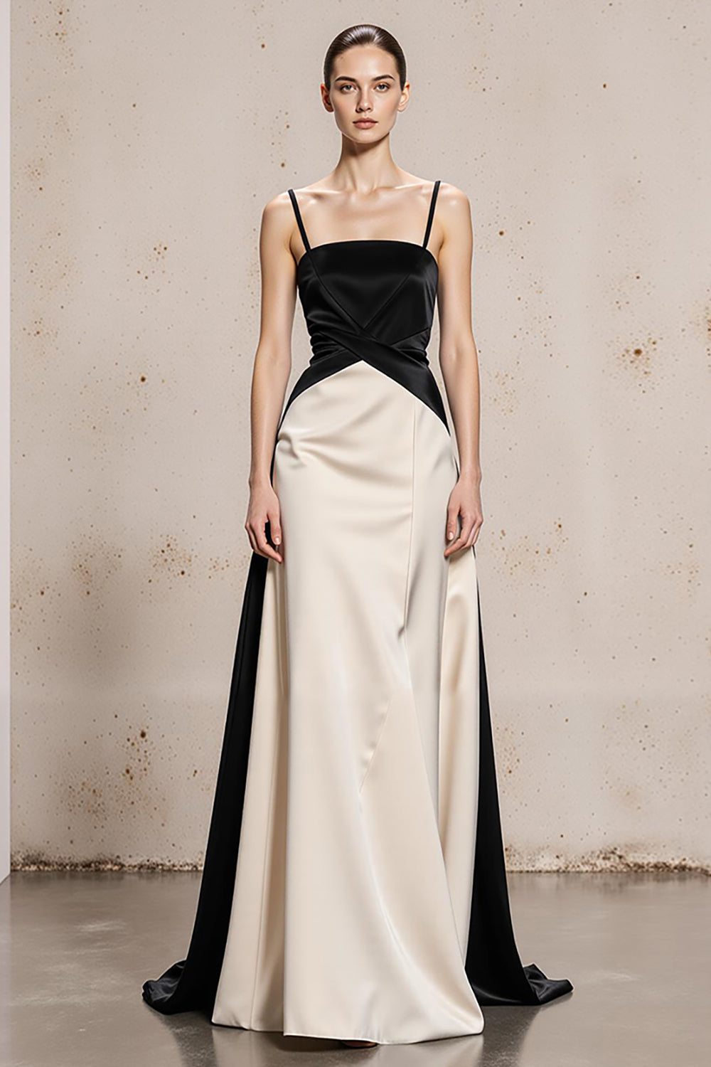 Black and White Spaghetti Straps Long Satin Formal Dress