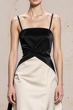 Black and White Spaghetti Straps Long Satin Formal Dress