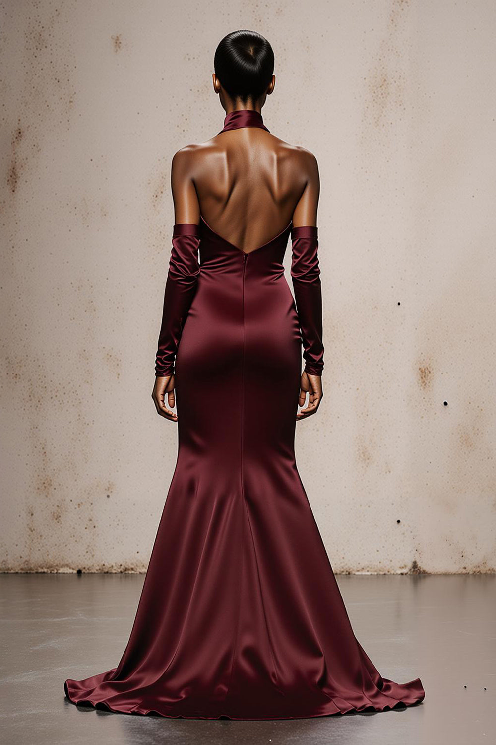 Burgundy Halter Mermaid Satin Long Formal Dress with Sleeves