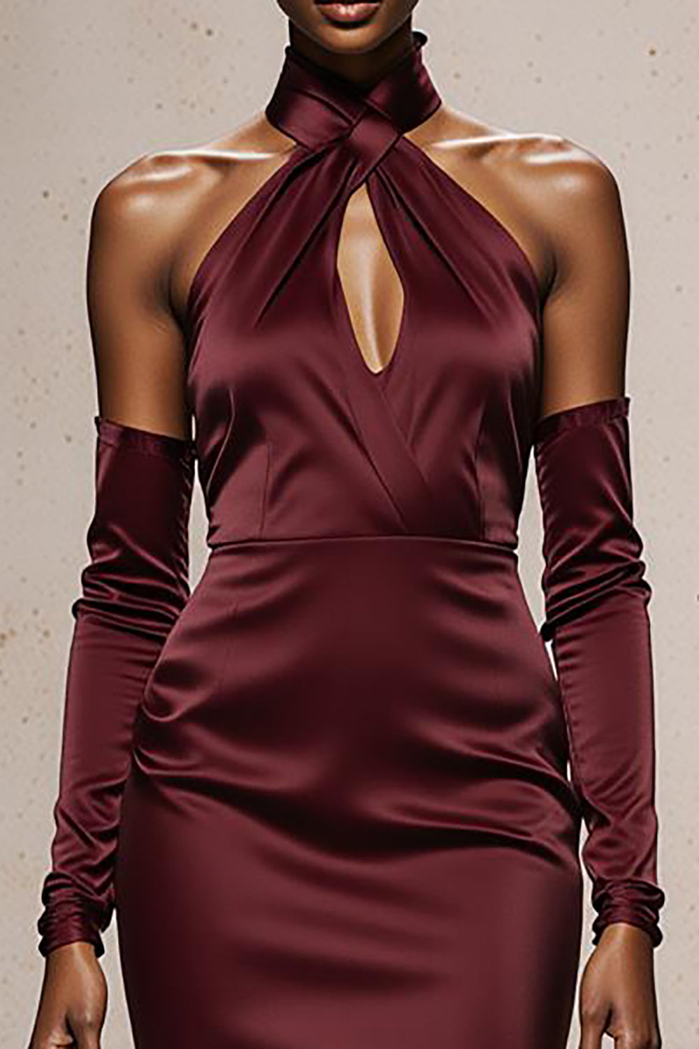 Burgundy Halter Mermaid Satin Long Formal Dress with Sleeves