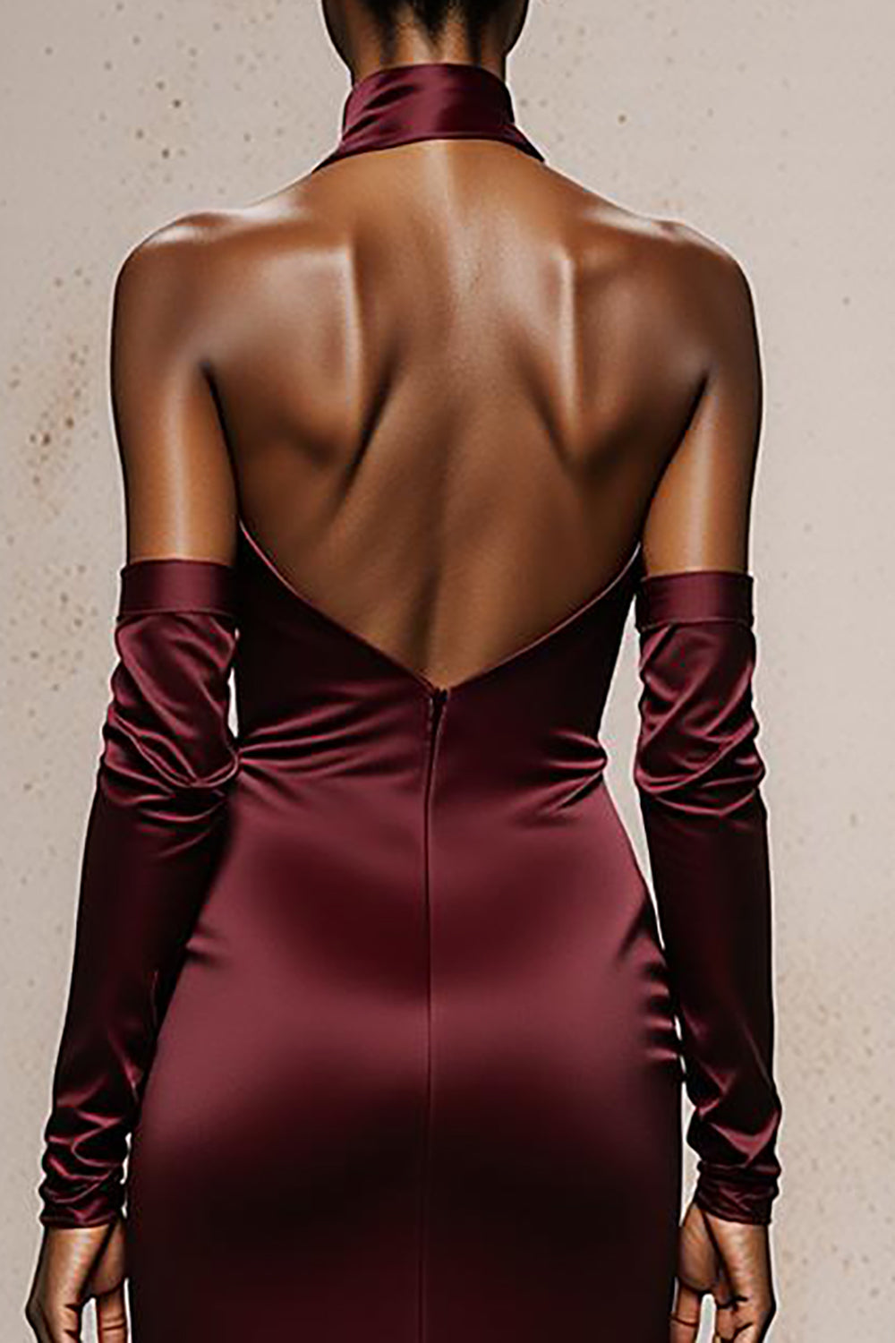 Burgundy Halter Mermaid Satin Long Formal Dress with Sleeves