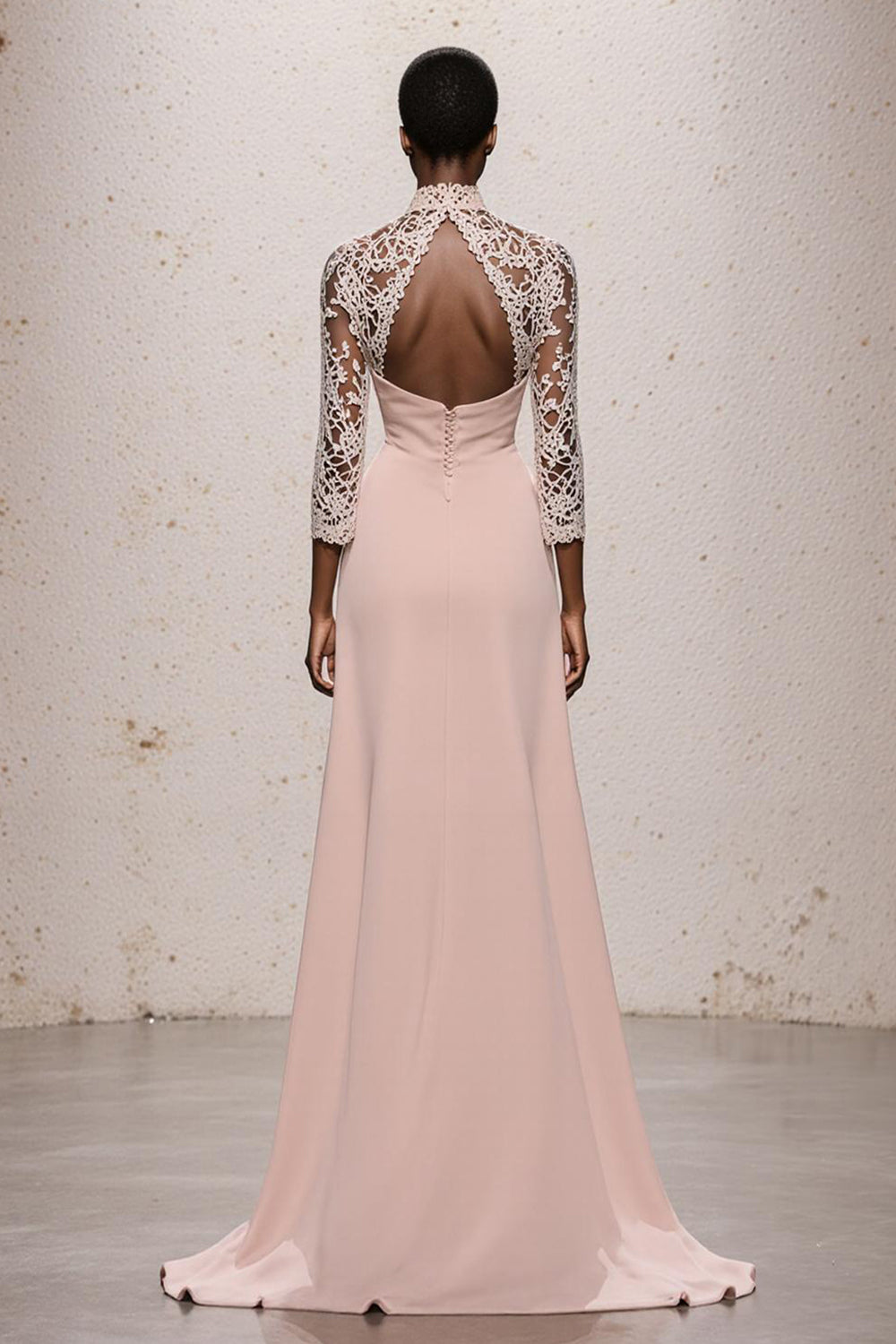 Simple Light Pink High Neck Maxi Formal Dress with Lace