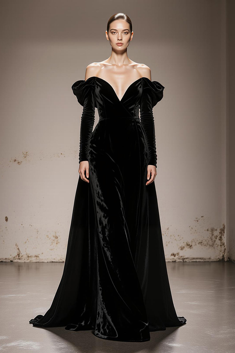 Black Velvet Off the Shoulder A Line Maxi Formal Dress with Sleeves