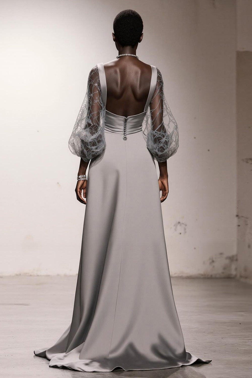 Simple Silver Long Sheath Formal Dress with Sleeves