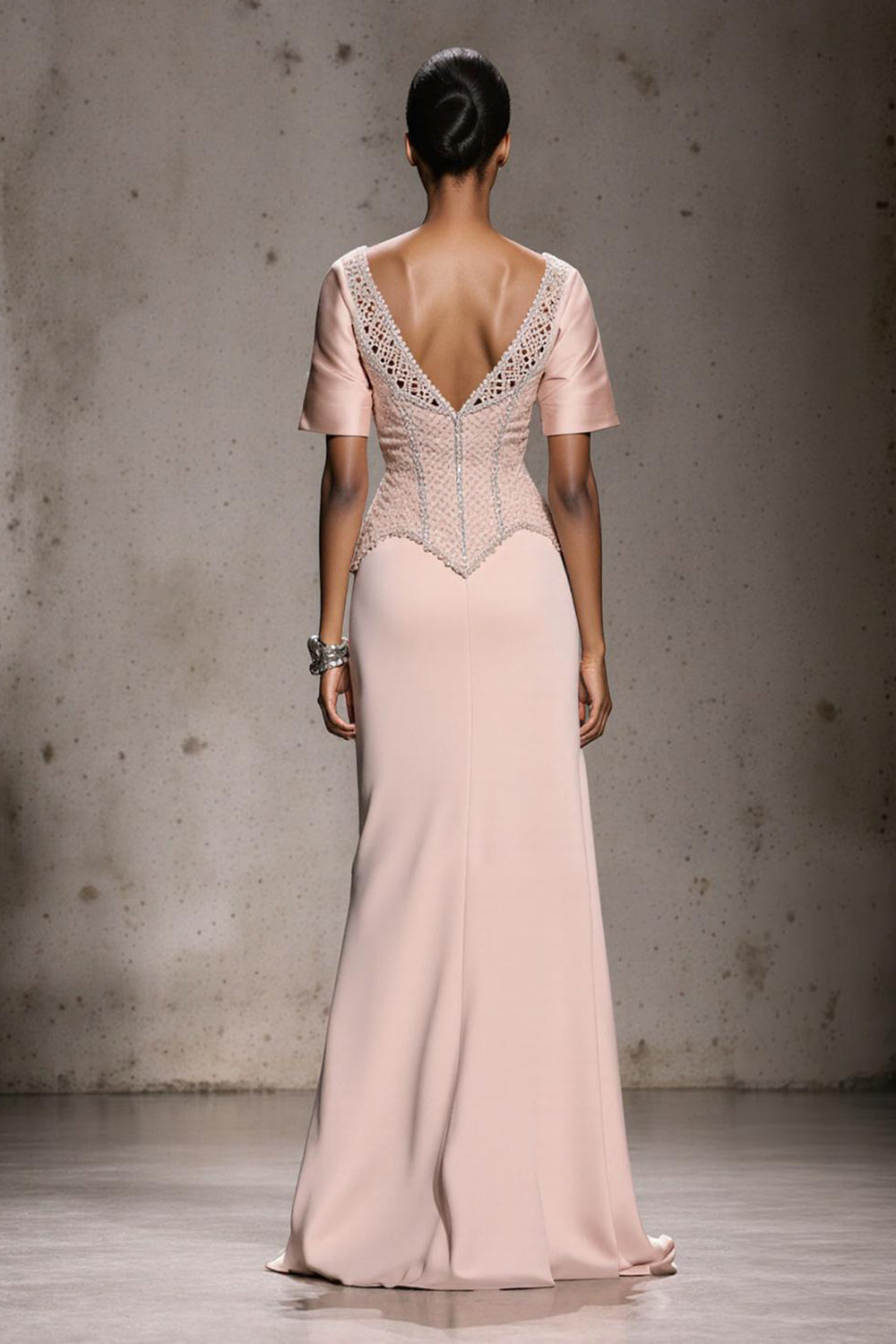 Sparkly Light Pink Beaded Mermaid Long Formal Dress with Slit