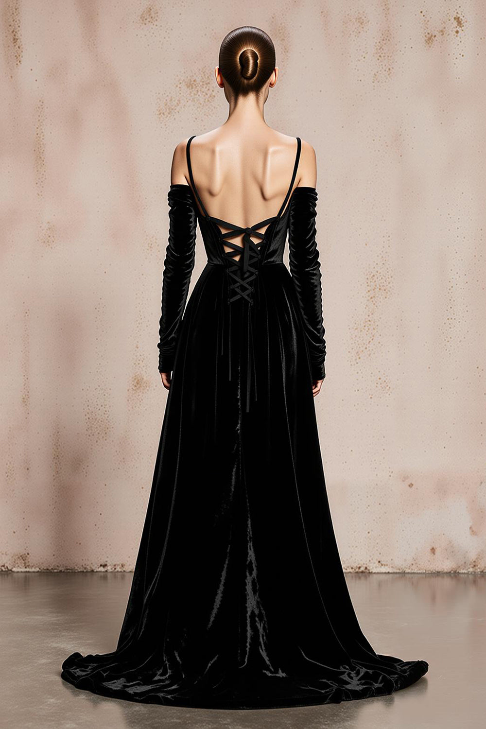 Black Velvet Cold Shoulder Long Formal Dress with Sleeves